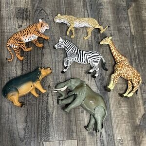 Safari Animal Figures Lot 6pc Articulated Elephant Giraffe Zebra Tiger Hippo Toy